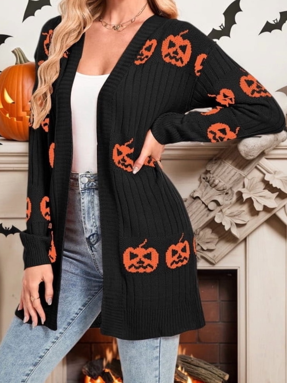 Black Halloween Pumpkin Cardigan Sweater